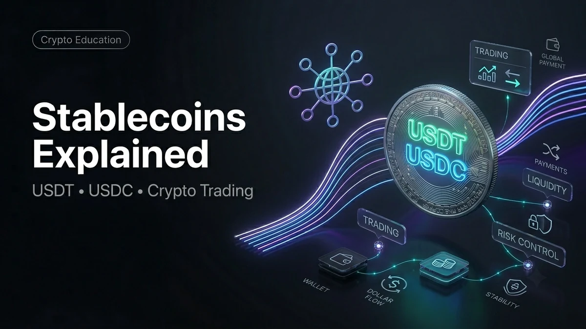 Premium Masterrit blog image explaining stablecoins, USDT, USDC, and crypto trading